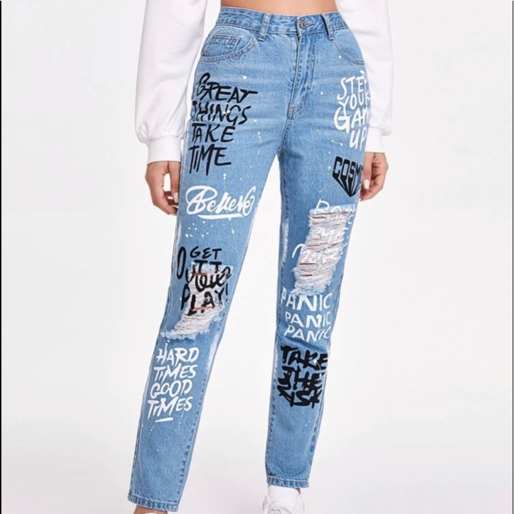 High waist graphic ripped jeans